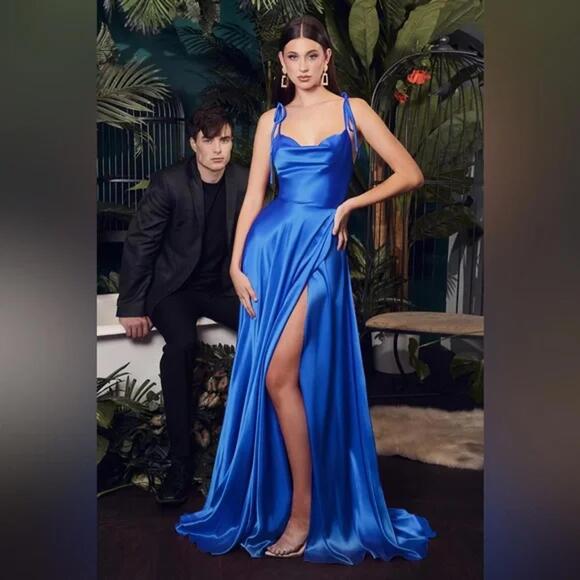 Cinderella Divine Blue Satin Draped Neck Gown w/ Train 2X - Picture 1 of 9